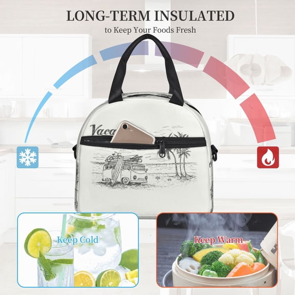Ratiio Summer Vacation Scene With Camping Van Pattern Lunch Bag ,Insulated Lunch Box, Small Leakproof Cooler Food Lunch Containers Reusable High Capacity Lunch Tote Bags