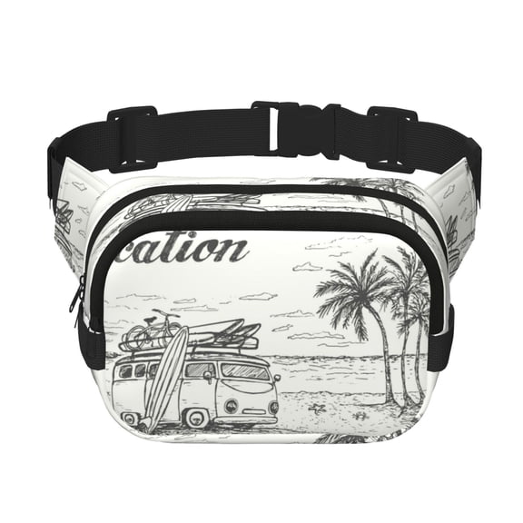 Ratiio Summer Vacation Scene With Camping Van Pattern Square Double Layer Waist Bag, Durable Twill Fabric Waist Pack with Adjustable Belt,Outdoor Hiking, Running, Travel Waist Bag