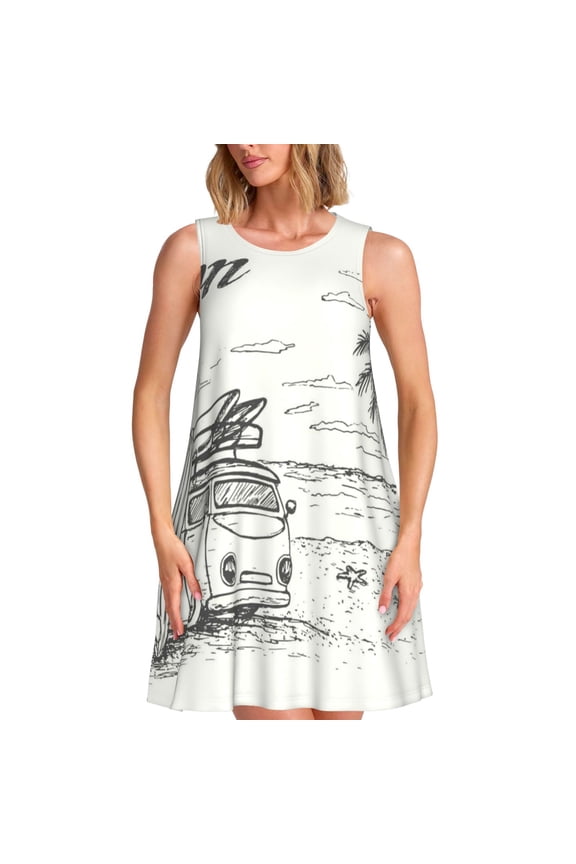 Summer Vacation Scene With Camping Van Pattern Women's Sleeveless Dress - Casual Summer Dress with Pockets, Above Knee Length, Round Neck, Ideal for Beach, Vacation, Work