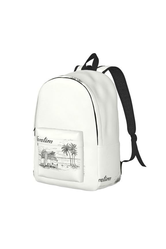 Summer Vacation Scene With Camping Van Print Canvas Backpack for Women & Men Retro Aesthetic Rucksack Basic Backpack for High School/College Students Travel Laptop Bag