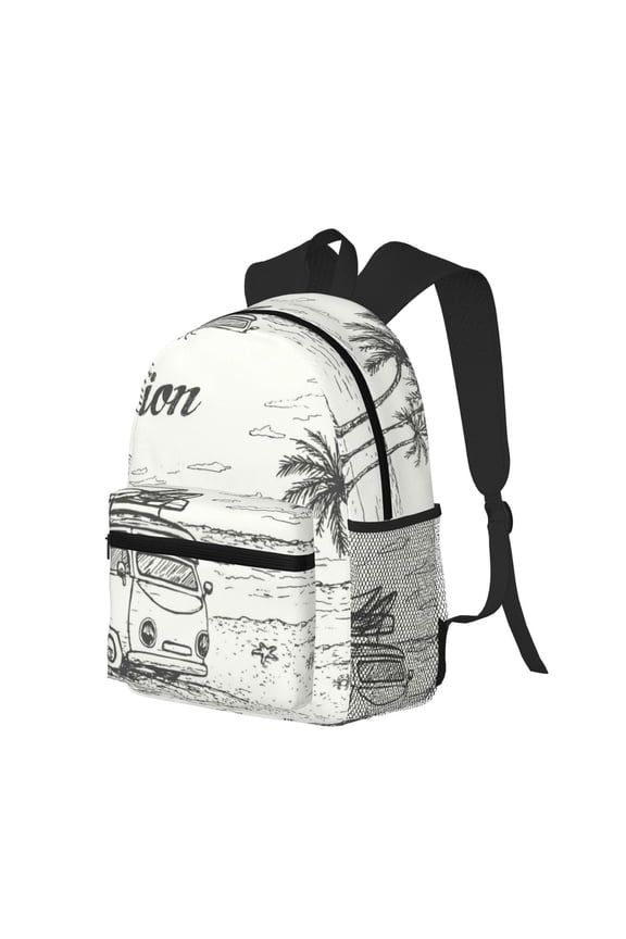Summer Vacation Scene With Camping Van Print Casual Backpack for Men and Women, Water Resistant Oxford Fabric School Bag Lightweight Travel Daypack