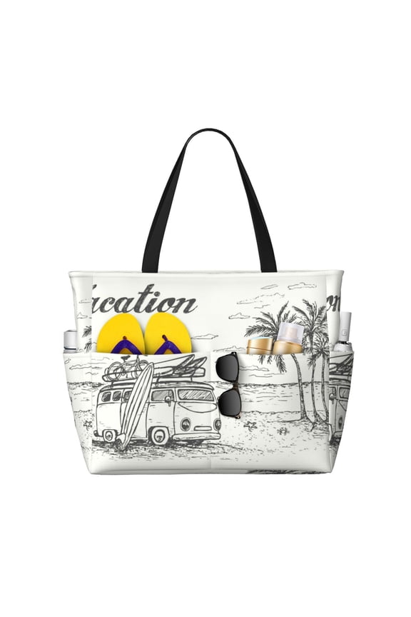Summer Vacation Scene With Camping Van Print Large Capacity Beach Travel Bag, Polyester Waterproof Tote Bag with Zipper for Vacation and Daily Use