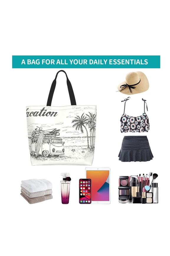 Summer Vacation Scene With Camping Van Print Reusable Grocery Bags - Washable, Foldable, Packable Tote, Large Handles, Heavy Duty, Zippered Top Pouch