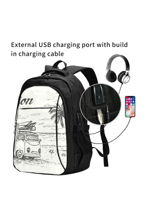Summer Vacation Scene With Camping Van Print Travel Laptop Backpack,Slim Sturdy Laptops Backpack with USB Charging Port, Water Resistant College School Computer Bag