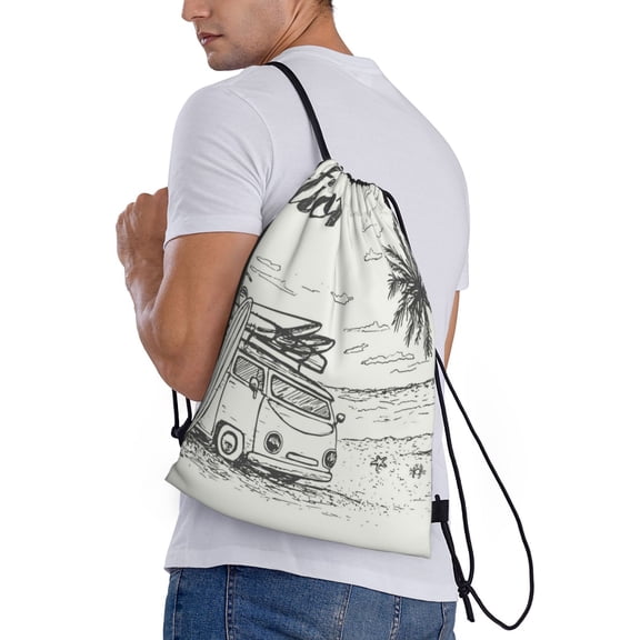 Ratiio Summer Vacation Scene With Camping Van Print Drawstring Backpack Bag Sport Gym Sackpack Heavy Duty String Backpack for Men Women
