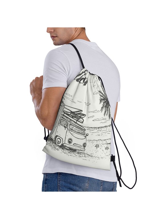 Summer Vacation Scene With Camping Van Print Drawstring Backpack Bag Sport Gym Sackpack Heavy Duty String Backpack for Men Women