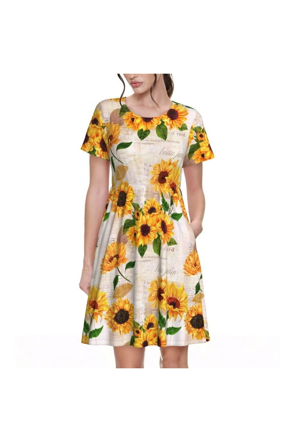Sunflower 5 Print Women's Short Sleeve Dress - Casual A-Line Dress with Side Pockets, Elastic Waist, Comfortable and Breathable Summer Dress