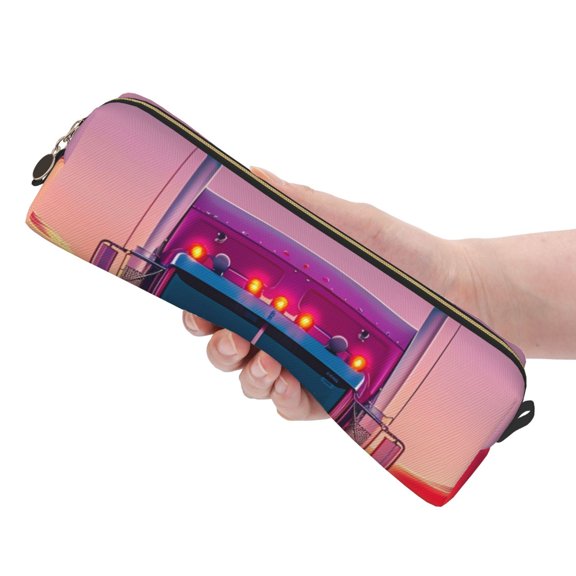 Ratiio Sunset Truck Highway Pattern Leather Pencil Case, Pencil Pouch with Durable Zipper, Compact and Stylish Organizer for Stationery, Art Supplies, Travel Essentials