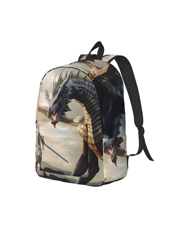 Swordsman Cool Dragon Print Canvas Backpack for Women & Men Retro Aesthetic Rucksack Basic Backpack for High School/College Students Travel Laptop Bag