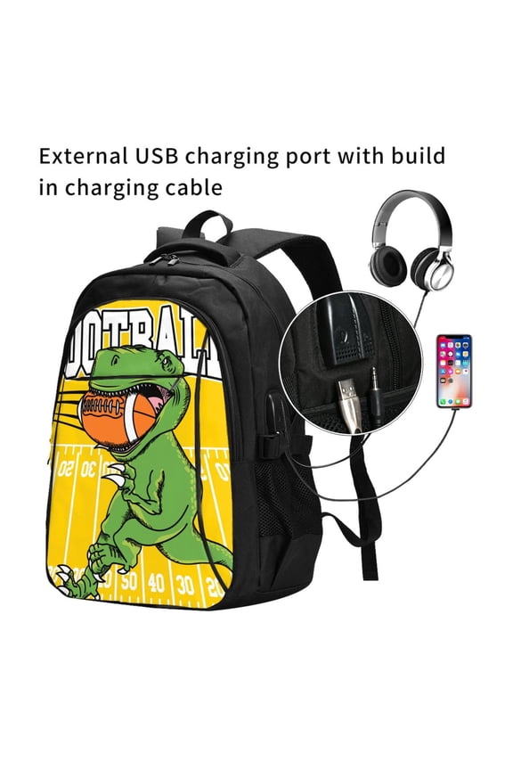 T-Rex Playing Football Print Travel Laptop Backpack,Slim Sturdy Laptops Backpack with USB Charging Port, Water Resistant College School Computer Bag