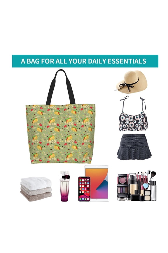 Taco Print Reusable Grocery Bags - Washable, Foldable, Packable Tote, Large Handles, Heavy Duty, Zippered Top Pouch