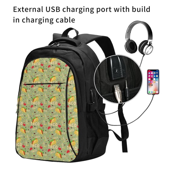 Ratiio Taco Print Travel Laptop Backpack,Slim Sturdy Laptops Backpack with USB Charging Port, Water Resistant College School Computer Bag