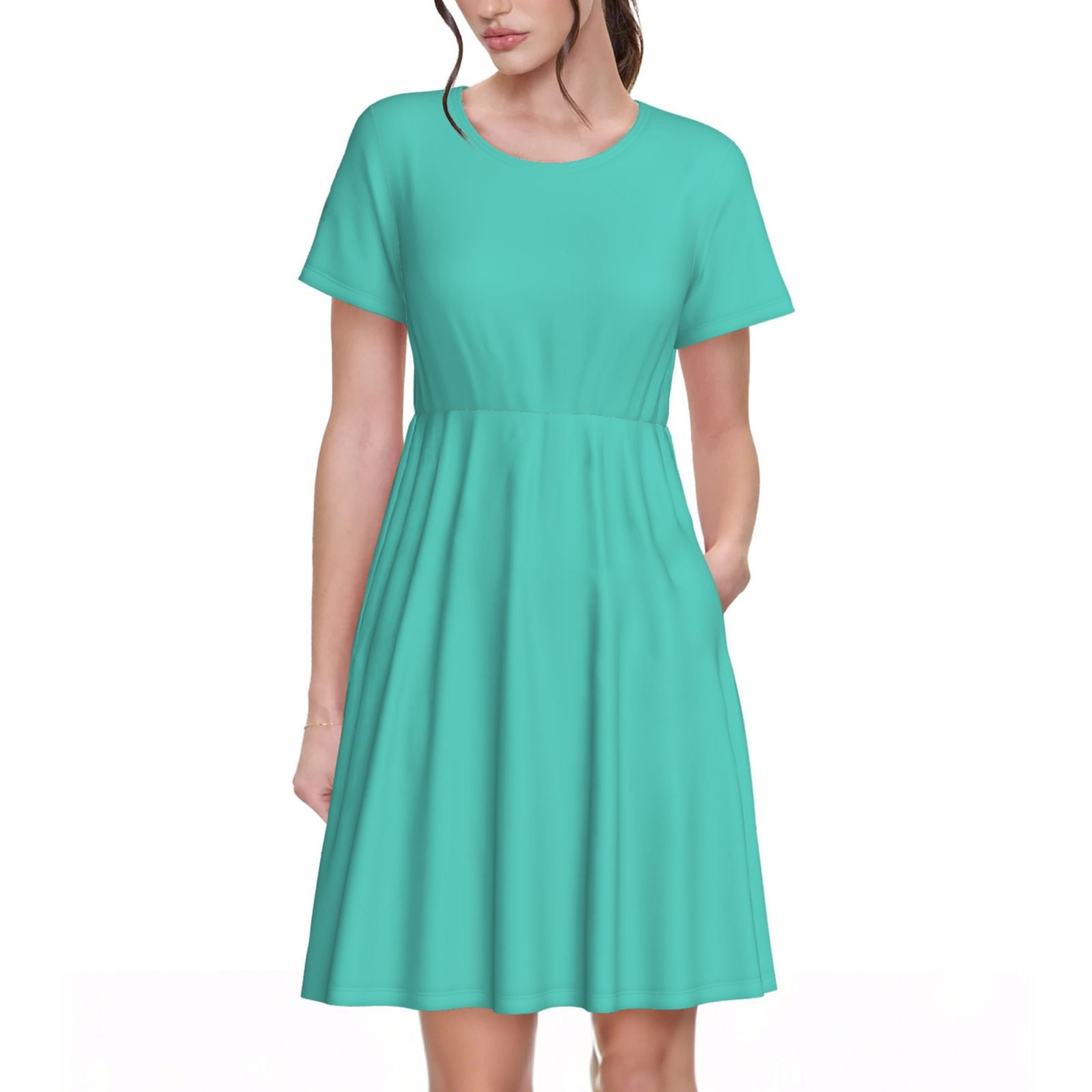 Ratiio Teal Turquoise Print Women's Short Sleeve Dress - Casual A-Line Dress with Side Pockets, Elastic Waist, Comfortable and Breathable Summer Dress Ratiio Teal Turquoise Print Women's Short Sleeve Dress - Casual A-Line Dress with Side Pockets, Elastic Waist, Comfortable and Breathable Summer Dress