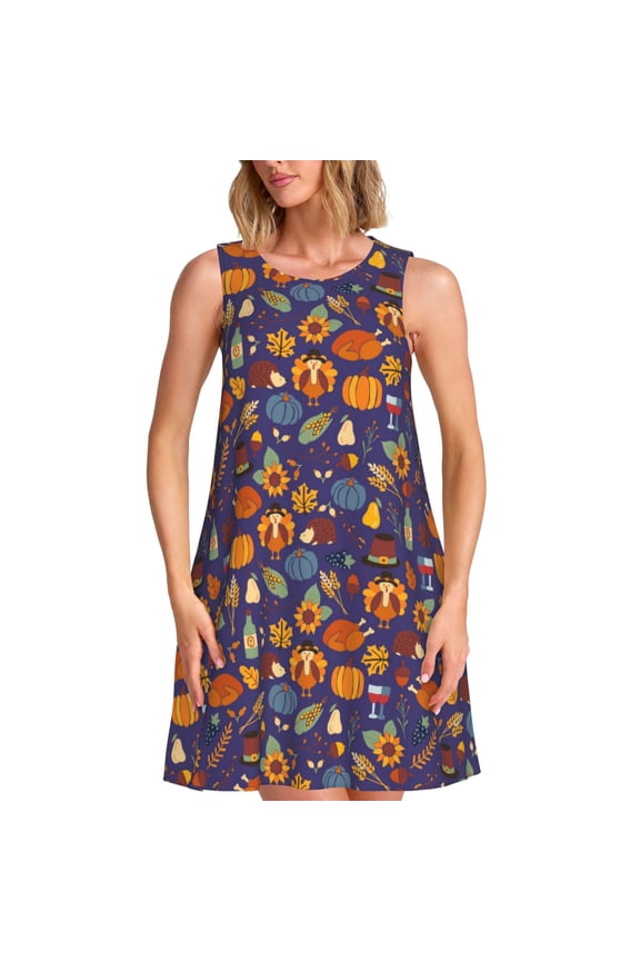 Thanksgiving Turkey 2 Pattern Women's Sleeveless Dress - Casual Summer Dress with Pockets, Above Knee Length, Round Neck, Ideal for Beach, Vacation, Work