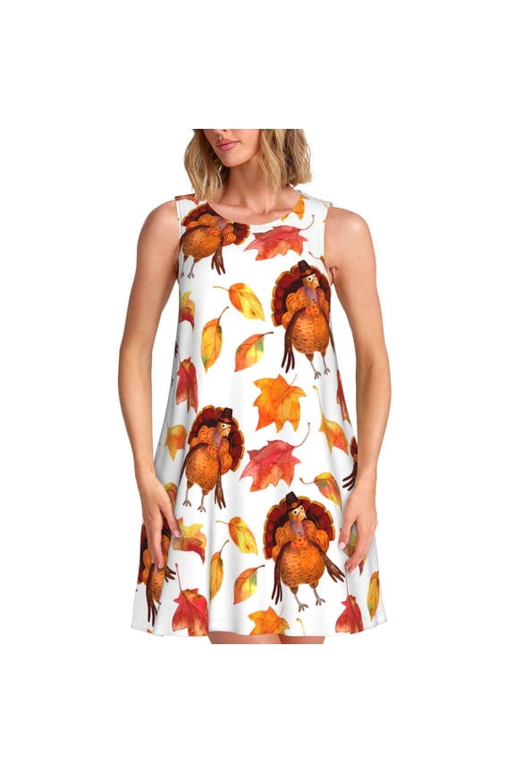 Thanksgiving Turkey Leaves Pattern Women's Sleeveless Dress - Casual Summer Dress with Pockets, Above Knee Length, Round Neck, Ideal for Beach, Vacation, Work
