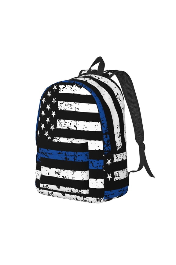 Thin Blue Line Flag Print Canvas Backpack for Women & Men Retro Aesthetic Rucksack Basic Backpack for High School/College Students Travel Laptop Bag