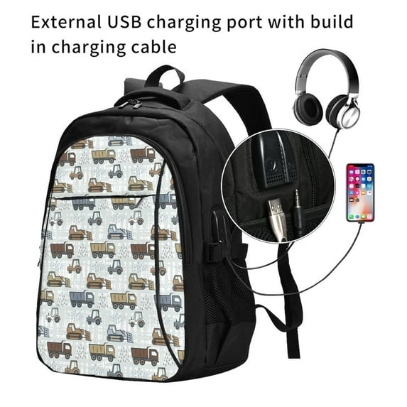 Ratiio Tractor and Dumper Print Travel Laptop Backpack,Slim Sturdy Laptops Backpack with USB Charging Port, Water Resistant College School Computer Bag
