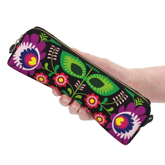 Ratiio Traditional Floral Polish Pattern Leather Pencil Case, Pencil Pouch with Durable Zipper, Compact and Stylish Organizer for Stationery, Art Supplies, Travel Essentials