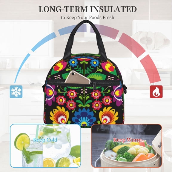 Ratiio Traditional Floral Polish Pattern Lunch Bag ,Insulated Lunch Box, Small Leakproof Cooler Food Lunch Containers Reusable High Capacity Lunch Tote Bags