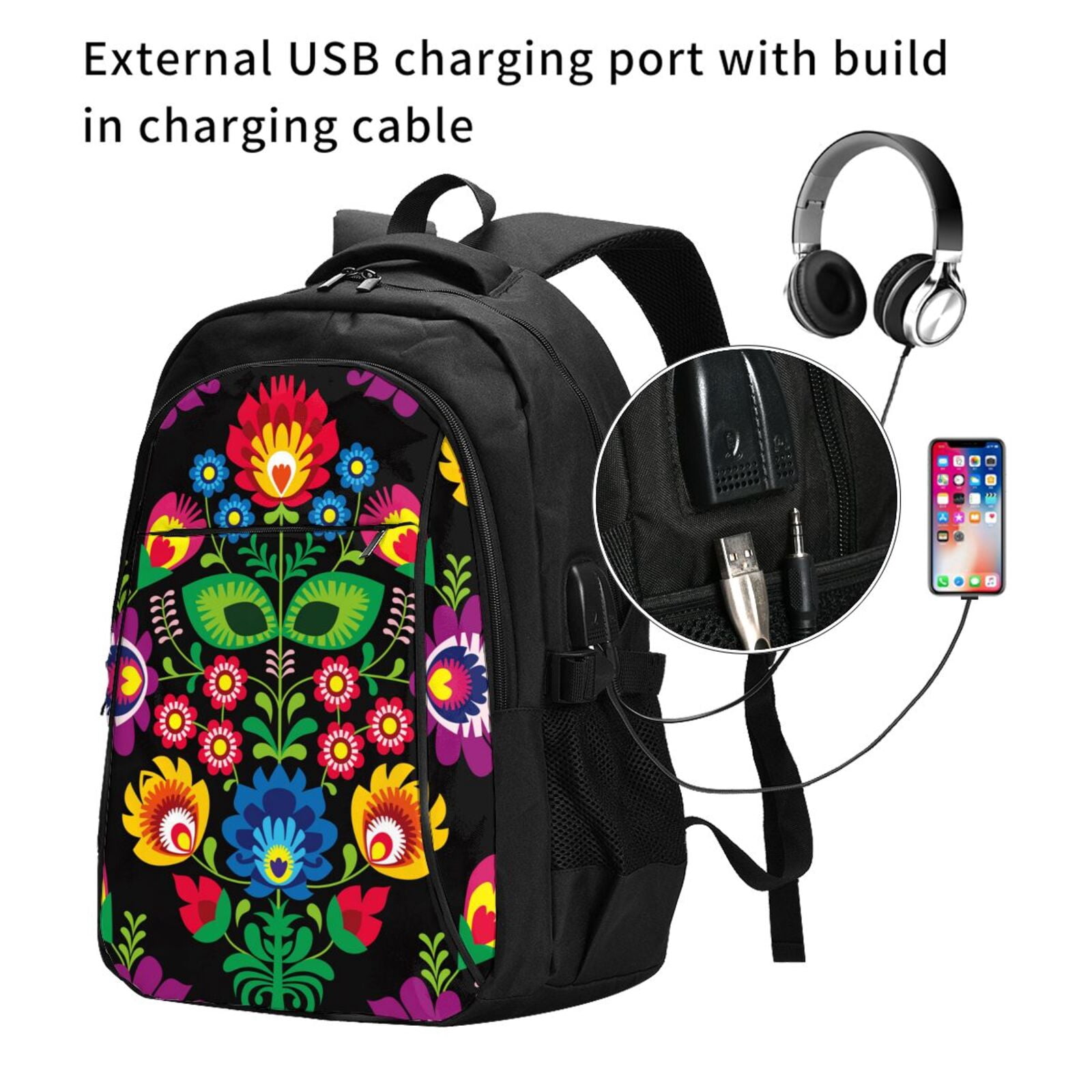 Ratiio Traditional Floral Polish Print Travel Laptop Backpack,Slim Sturdy Laptops Backpack with USB Charging Port, Water Resistant College School Computer Bag
