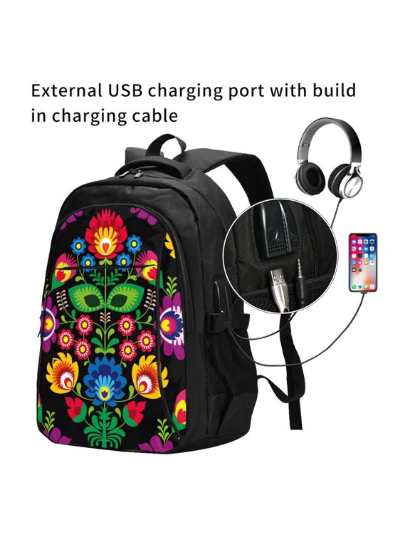 Traditional Floral Polish Print Travel Laptop Backpack,Slim Sturdy Laptops Backpack with USB Charging Port, Water Resistant College School Computer Bag