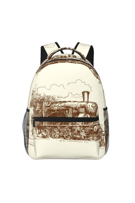 Train Print Eco-Friendly Casual Backpack, Water-Resistant Polyester Canvas Daypack with Smooth Zippers, Comfortable & Durable Travel Bag with Laptop Compartment