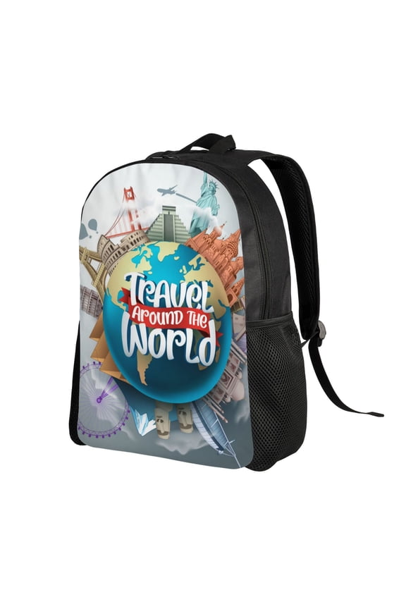 Travel Around The World Print Backpack with Padded 15-inch Laptop Sleeve- Spacious and Durable Daypack for Work and Travel