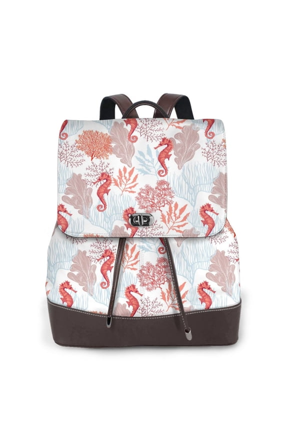 Tropical Corals Seahorse Pattern Womens Backpack Purse Leather Backpack Purse for Women Travel Fashion Backpack Designer Ladies Shoulder Bags