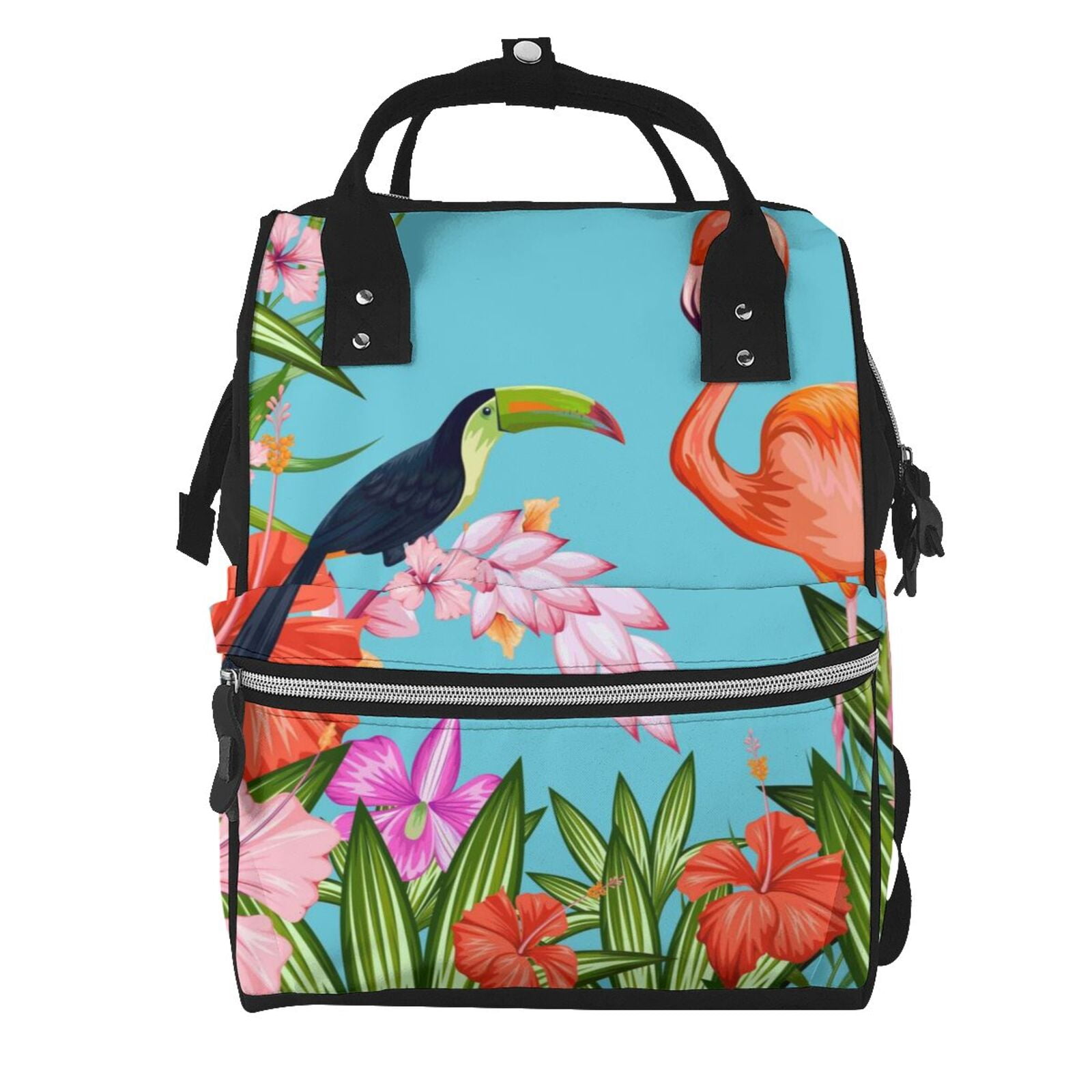 Ratiio Tropical Jungle Flamingo Mummy Backpack - Waterproof Twill Canvas, Large Capacity Diaper Bag with Multiple Pockets and Adjustable Straps