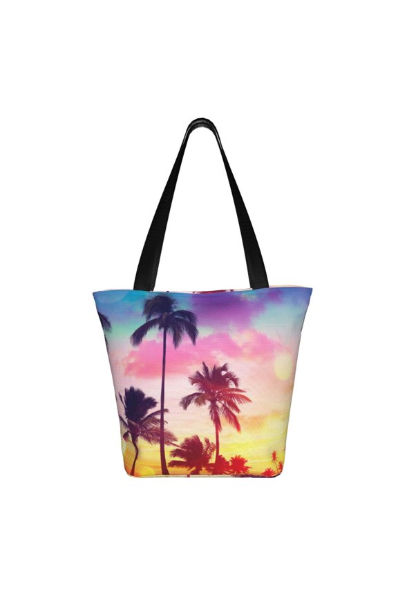 Tropical Palm Tree at Sunset Print Shoulder Bag for Women, Polyester Crossbody Purse Lightweight Handbag for Daily Travel and Casual Use