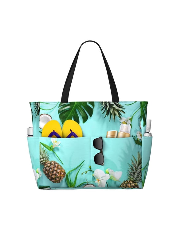 Tropical Pineapple Print Large Capacity Beach Travel Bag, Polyester Waterproof Tote Bag with Zipper for Vacation and Daily Use