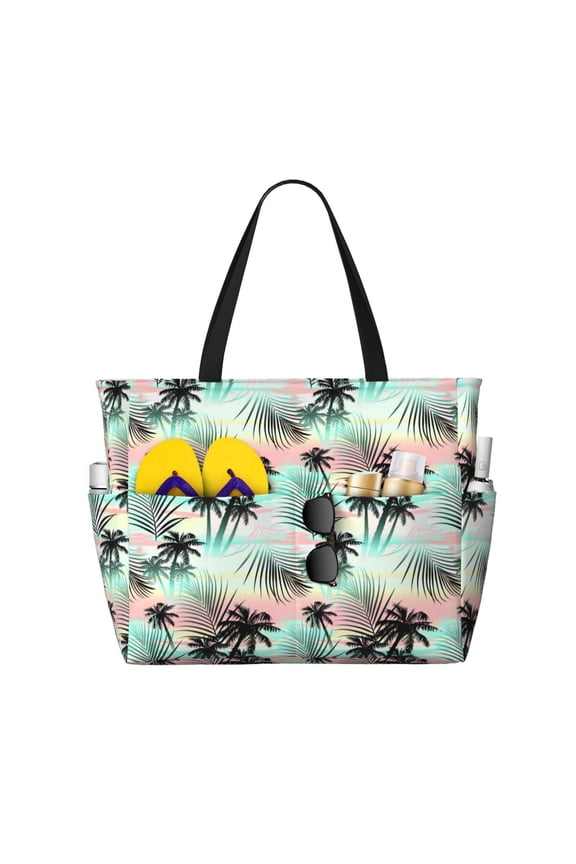 Tropical Summer Palm Print Large Capacity Beach Travel Bag, Polyester Waterproof Tote Bag with Zipper for Vacation and Daily Use