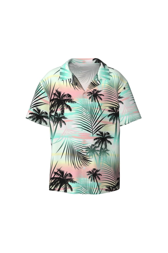 Tropical Summer Palm Print Mens Casual Short Sleeve Shirts Button Down Textured Shirts Summer Beach Shirt with Pocket Men's Casual Short-sleeved Shirt