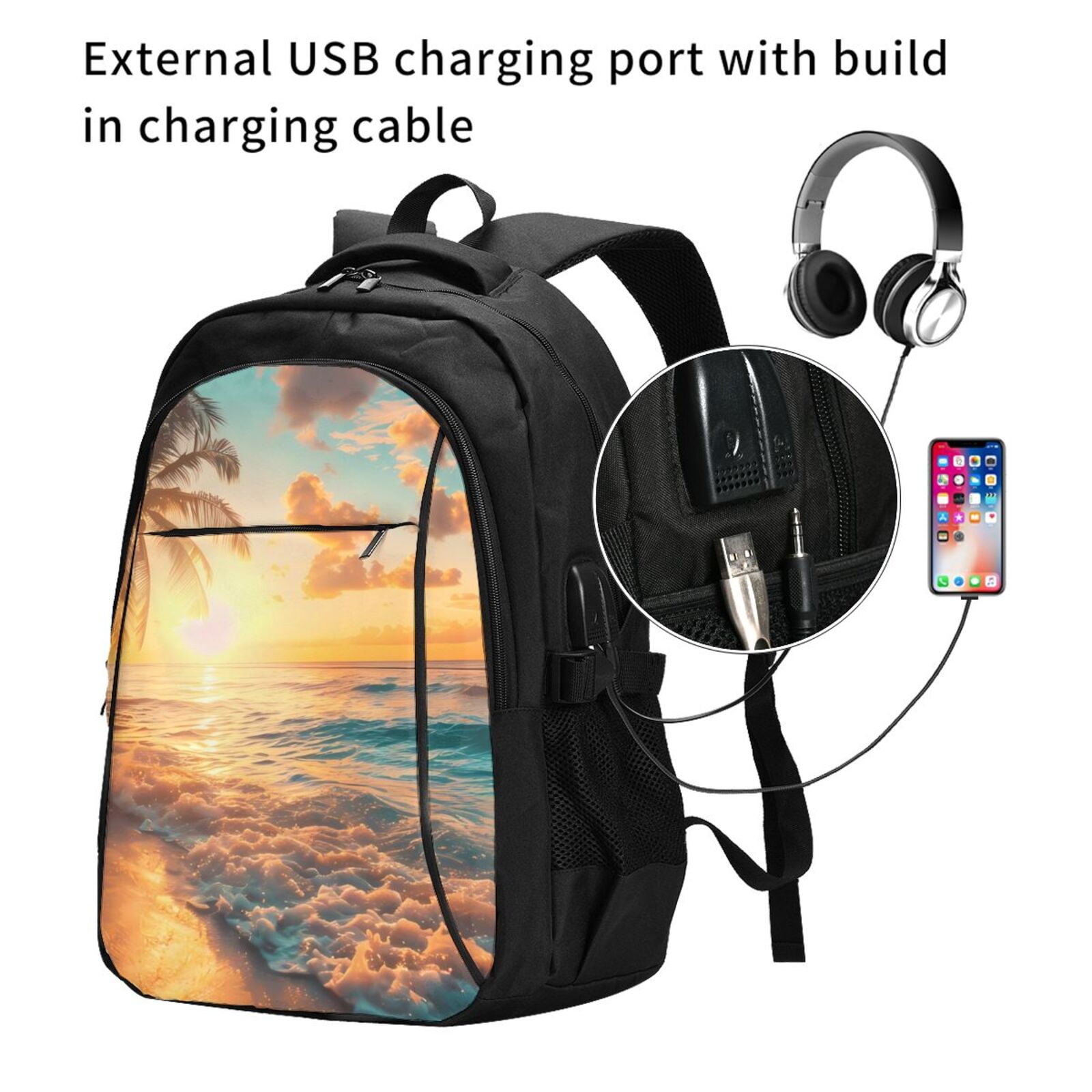 Ratiio Tropical Sunset Beach Scene Print Travel Laptop Backpack,Slim ...