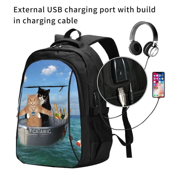 Ratiio Two Brave Cats Are Floating On The Sea Iceberg Print Travel Laptop Backpack,Slim Sturdy Laptops Backpack with USB Charging Port, Water Resistant College School Computer Bag