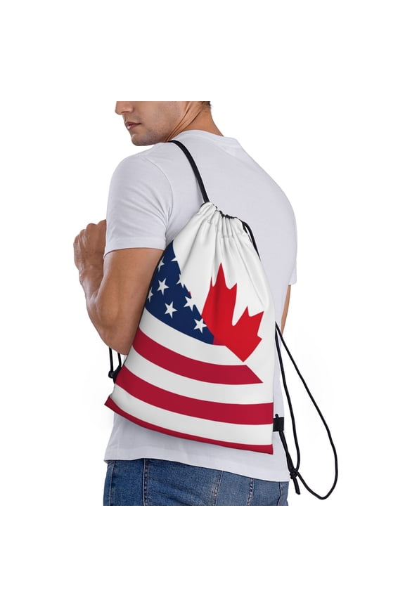 USA Canada Flag Print Drawstring Backpack Bag Sport Gym Sackpack Heavy Duty String Backpack for Men Women