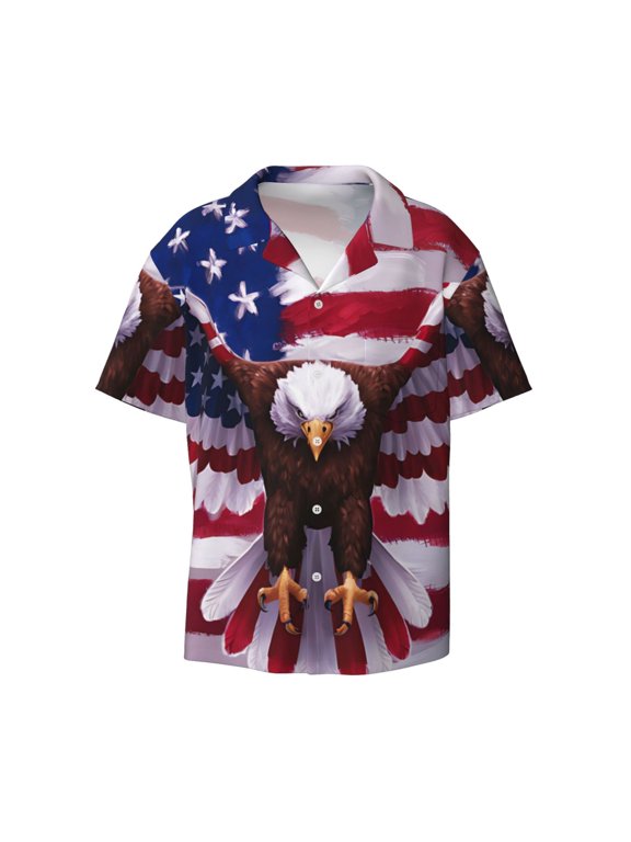 USA Eagle with Spread Wings Print Mens Casual Short Sleeve Shirts Button Down Textured Shirts Summer Beach Shirt with Pocket Men's Casual Short-sleeved Shirt