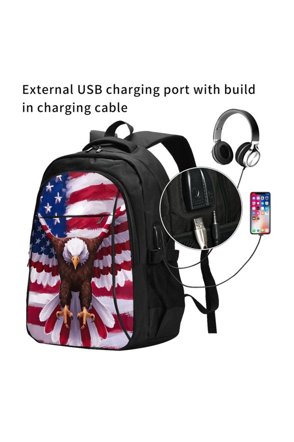 USA Eagle with Spread Wings Print Travel Laptop Backpack,Slim Sturdy Laptops Backpack with USB Charging Port, Water Resistant College School Computer Bag