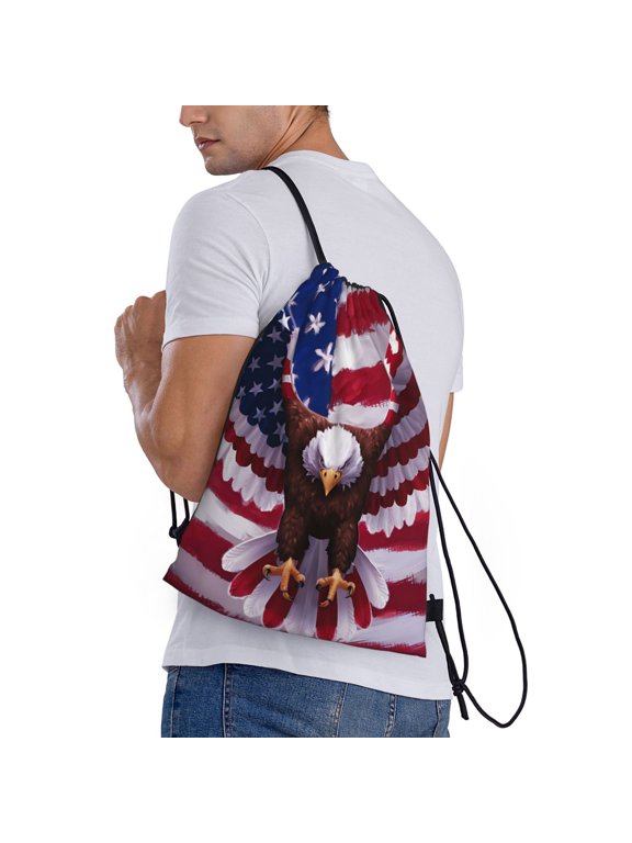 USA Eagle with Spread Wings Print Drawstring Backpack Bag Sport Gym Sackpack Heavy Duty String Backpack for Men Women