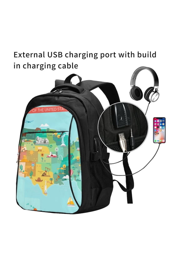 USA Tourist Map Print Travel Laptop Backpack,Slim Sturdy Laptops Backpack with USB Charging Port, Water Resistant College School Computer Bag