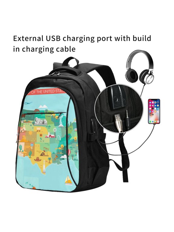 USA Tourist Map Print Travel Laptop Backpack,Slim Sturdy Laptops Backpack with USB Charging Port, Water Resistant College School Computer Bag