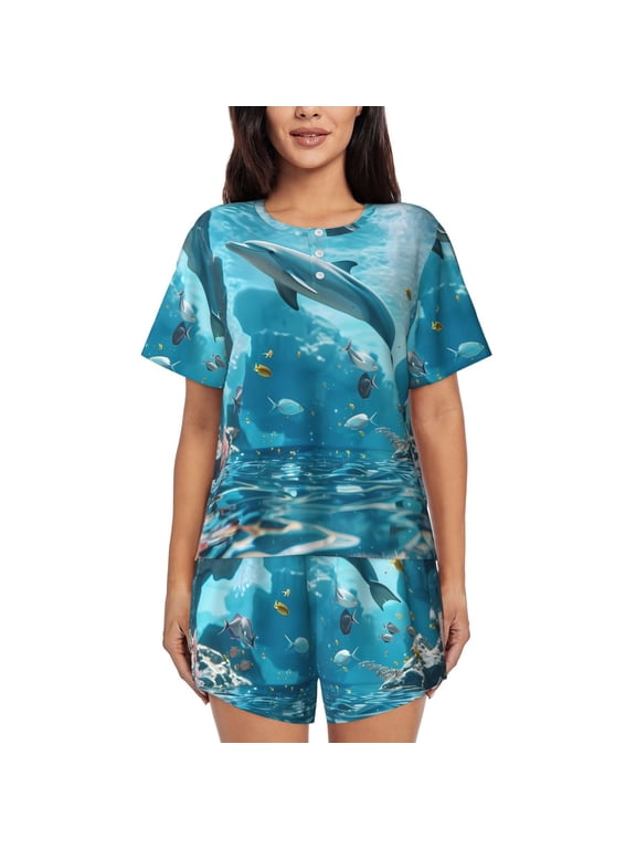 Underwater Dolphin Scene Print Womens Pajama Sets 2 Piece Soft Short Sleeve Top and Shorts Sleepwear Round Neck Pjs Lounge Set