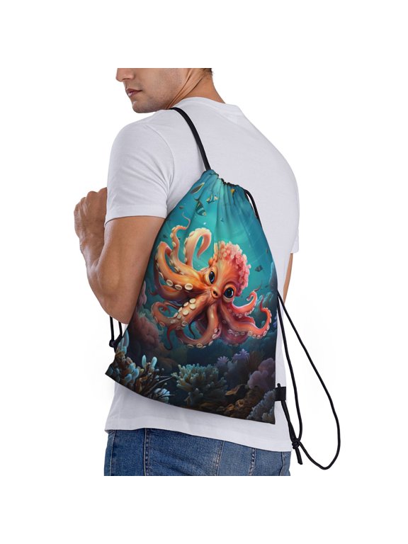 Underwater Plant Octopus Print Drawstring Backpack Bag Sport Gym Sackpack Heavy Duty String Backpack for Men Women