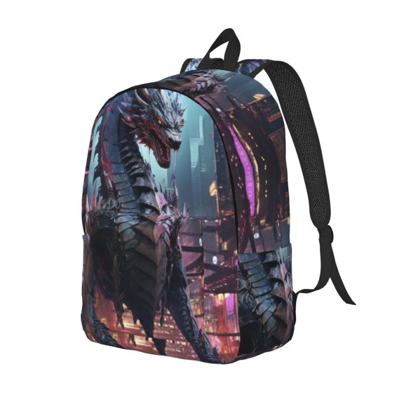 Ratiio Urban Mechanical Dragon Print Canvas Backpack for Women & Men Retro Aesthetic Rucksack Basic Backpack for High School/College Students Travel Laptop Bag