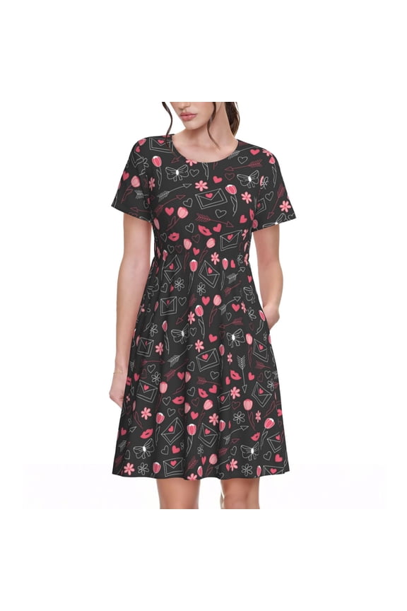 Valentine'S Day Print Women's Short Sleeve Dress - Casual A-Line Dress with Side Pockets, Elastic Waist, Comfortable and Breathable Summer Dress