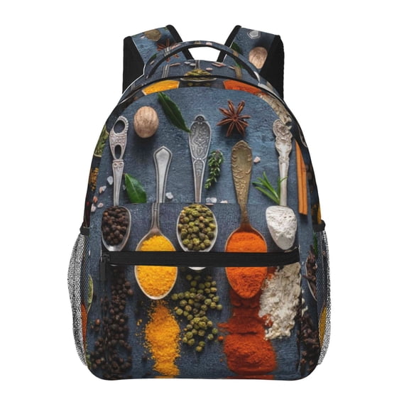 Ratiio Various Herbs And Spices In Spoons Print Eco-Friendly Casual Backpack, Water-Resistant Polyester Canvas Daypack with Smooth Zippers, Comfortable & Durable Travel Bag with Laptop Compartment