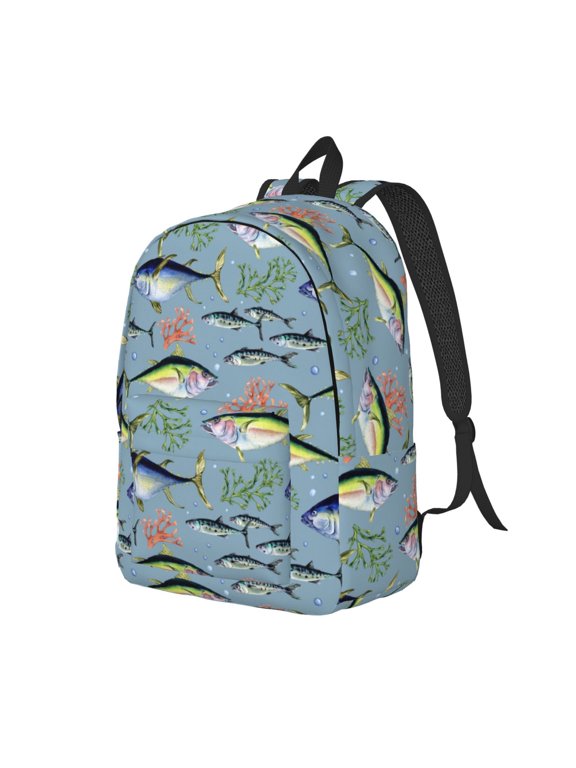 Various Wild Sea Fish Print Canvas Backpack for Women & Men Retro Aesthetic Rucksack Basic Backpack for High School/College Students Travel Laptop Bag