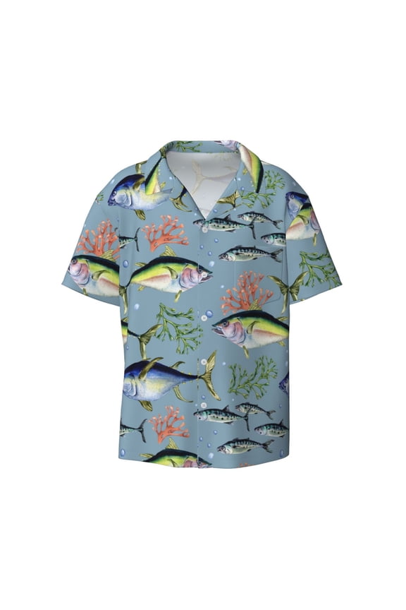 Various Wild Sea Fish Print Mens Casual Short Sleeve Shirts Button Down Textured Shirts Summer Beach Shirt with Pocket Men's Casual Short-sleeved Shirt