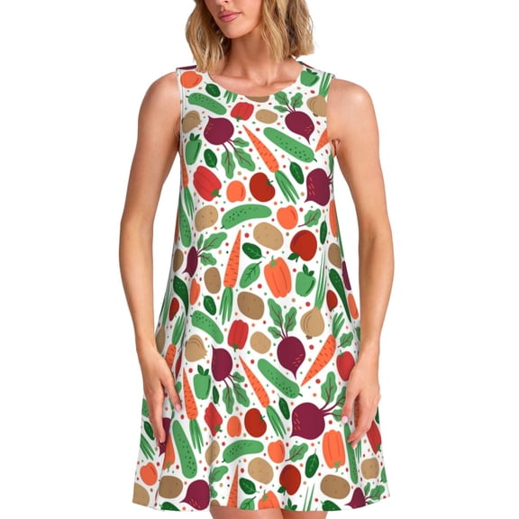 Ratiio Vegetables Pattern Women's Sleeveless Dress - Casual Summer Dress with Pockets, Above Knee Length, Round Neck, Ideal for Beach, Vacation, Work