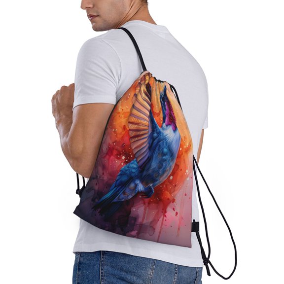 Ratiio Vibrant Hummingbird Watercolor Art Print Drawstring Backpack Bag Sport Gym Sackpack Heavy Duty String Backpack for Men Women